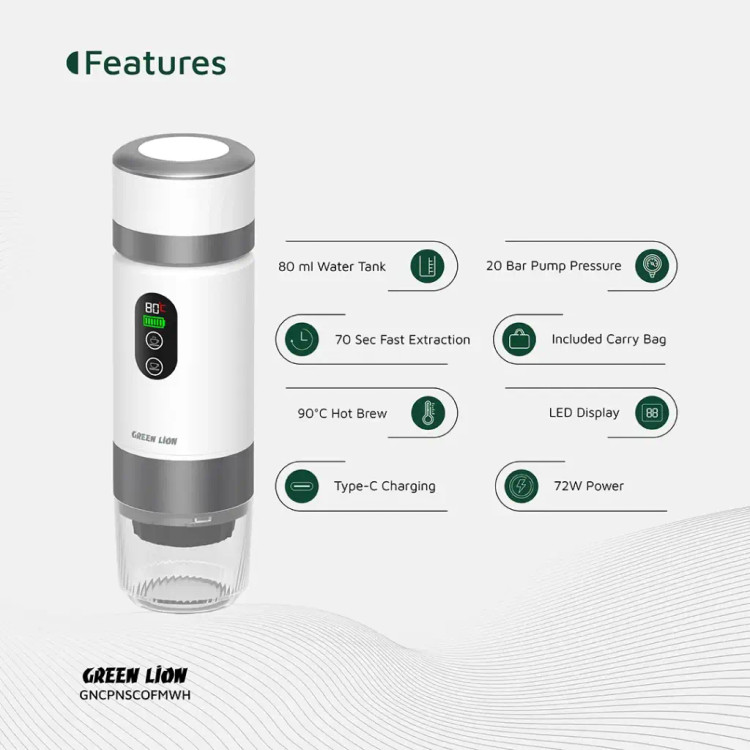قهوهساز پرتابل گرین لاین Campinas با فشار 20 بار و باتری 7500mAh
