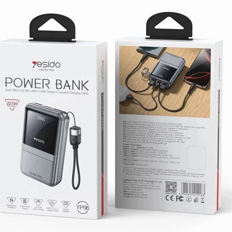پاور بانک فست شارژ یسیدو YP95 QC PD 22.5W ظرفیت 10000 میلی آمپر ساعت